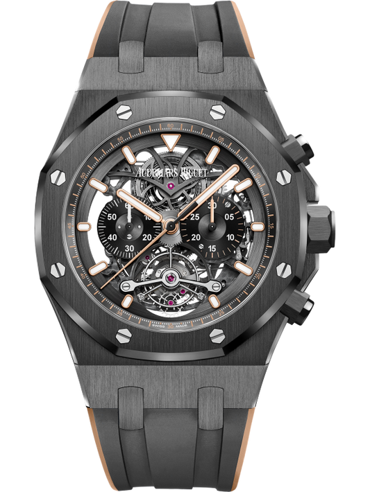 Royal Oak Tourbillon Chronograph Openworked 44MM Two-Tone Black and Pink Gold-Toned Rubber Strap Openworked Satin-Brushed Black Dial Black Ceramic Case