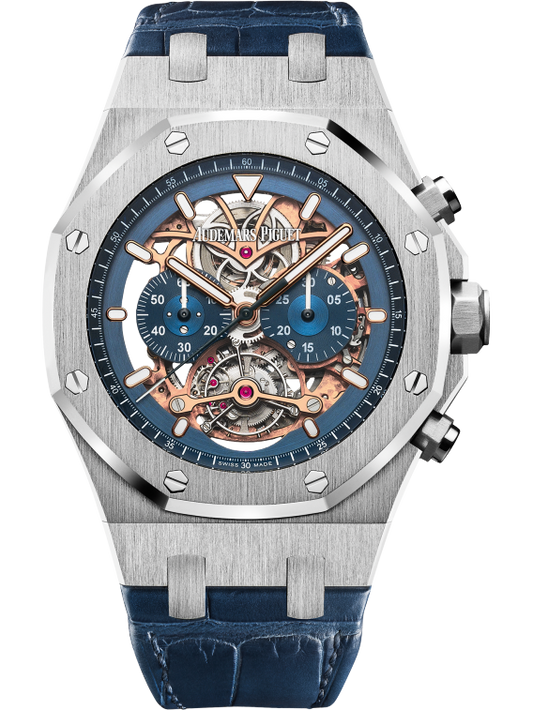 Royal Oak Tourbillon Chronograph Openworked 44MM Blue Alligator Strap Openworked Blue Dial 950 Platinum Case