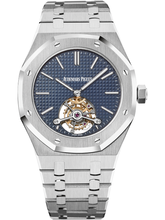 Royal Oak Tourbillon Extra-Thin 41MM Stainless Steel Bracelet Blue Dial With Petite Tapisserie Pattern Stainless Steel Case Black Rubber-Clad Bezel