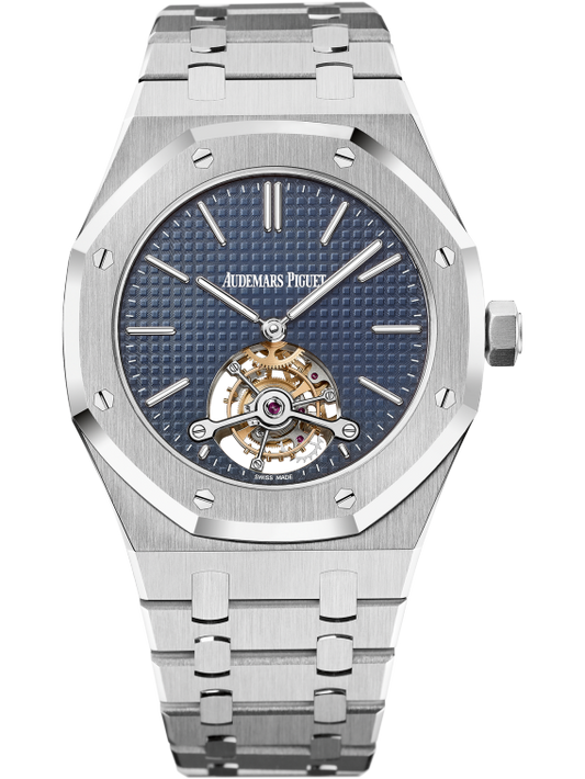 Royal Oak Tourbillon Extra-Thin 41MM Stainless Steel Bracelet Blue Dial With Petite Tapisserie Pattern Stainless Steel Case Black Rubber-Clad Bezel