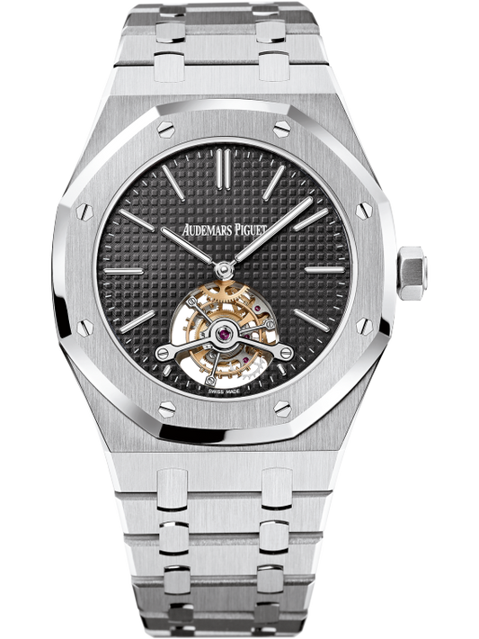 Royal Oak Tourbillon 41MM Stainless Steel Bracelet Black Dial With Petite Tapisserie Pattern Stainless Steel Case