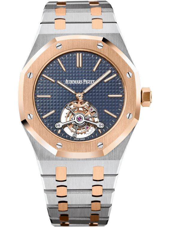 Royal Oak Tourbillon Extra-Thin 41MM Stainless Steel and 18-Carat Pink Gold Bracelet Blue Dial With Petite Tapisserie Pattern Stainless Steel Case 18-Carat Pink Gold Bezel