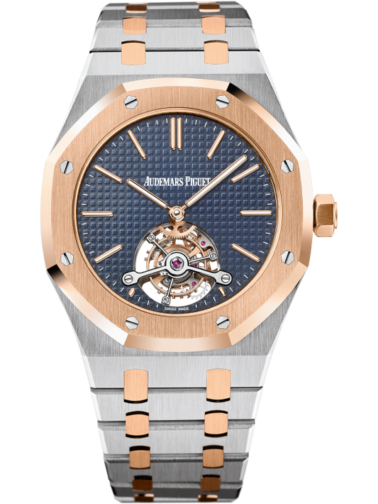 Royal Oak Tourbillon Extra-Thin 41MM Stainless Steel and 18-Carat Pink Gold Bracelet Blue Dial With Petite Tapisserie Pattern Stainless Steel Case 18-Carat Pink Gold Bezel