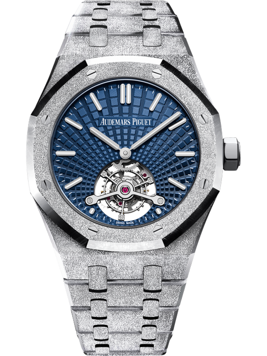 Royal Oak Tourbillon Extra-Thin 41MM  Hammered 18-Carat White Gold Bracelet Blue Dial With Tapisserie Evolutive Pattern Hammered 18-Carat White Gold Case