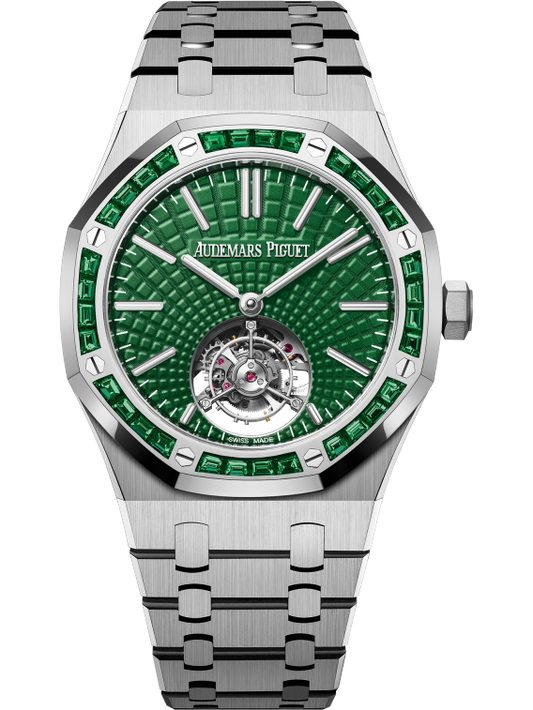 Royal Oak Selfwinding Flying Tourbillon 41MM Titanium Bracelet Green Dial With Evolutive Tapisserie Pattern Titanium Case 18-Carat White Gold Bezel Set With Baguette-Cut Emeralds