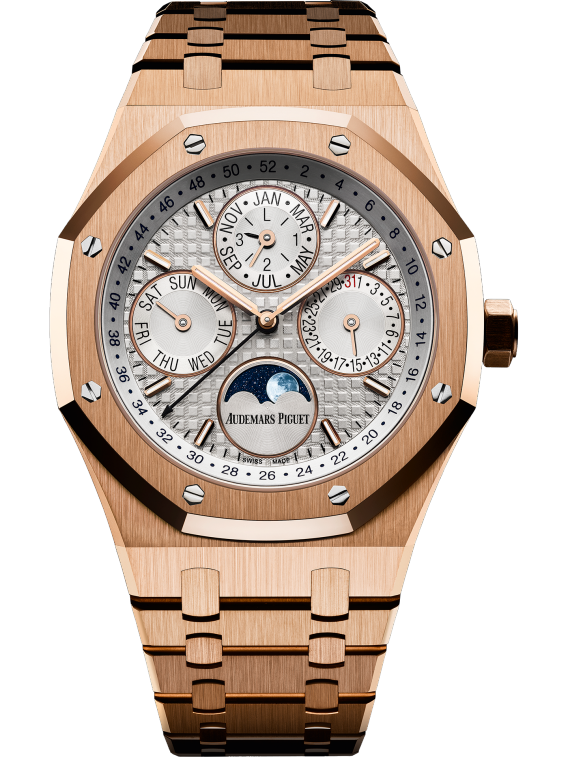 Royal Oak Perpetual Calendar 41MM 18-Carat Pink Gold Bracelet Silver-Toned Dial With Grande Tapisserie Pattern 18-Carat Pink Gold Case