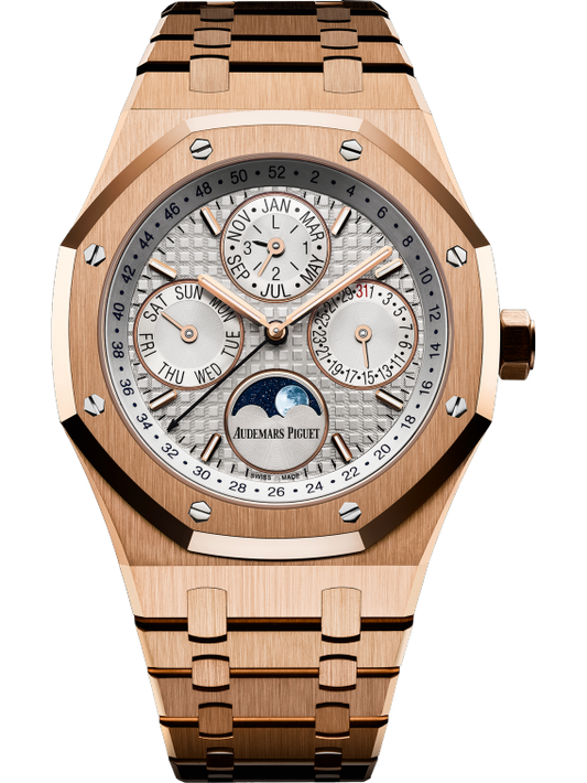 Royal Oak Perpetual Calendar 41MM 18-Carat Pink Gold Bracelet Silver-Toned Dial With Grande Tapisserie Pattern 18-Carat Pink Gold Case