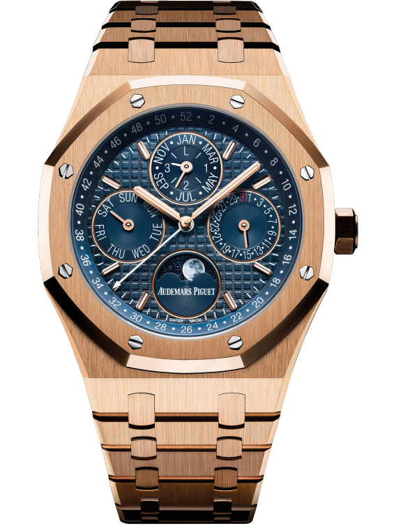 Royal Oak Perpetual Calendar 41MM 18-Carat Pink Gold Bracelet Blue Dial With Grande Tapisserie Pattern 18-Carat Pink Gold Case