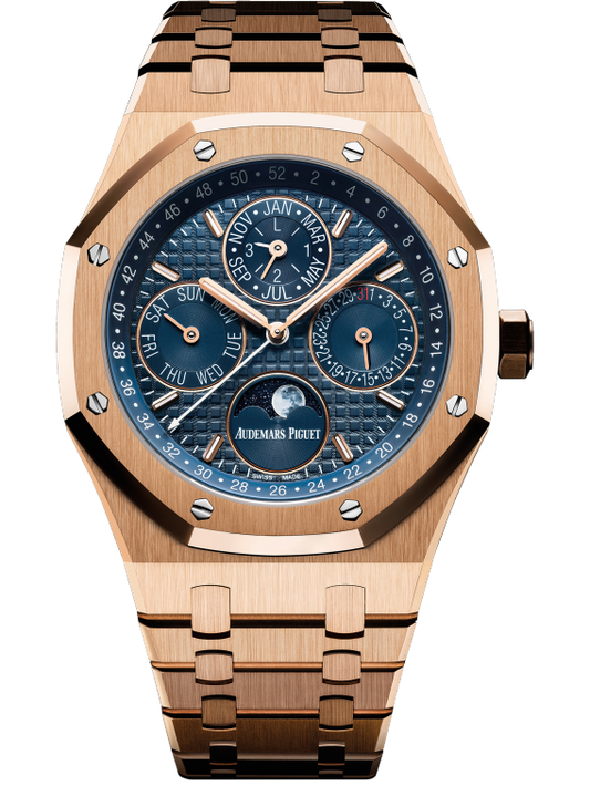 Royal Oak Perpetual Calendar 41MM 18-Carat Pink Gold Bracelet Blue Dial With Grande Tapisserie Pattern 18-Carat Pink Gold Case