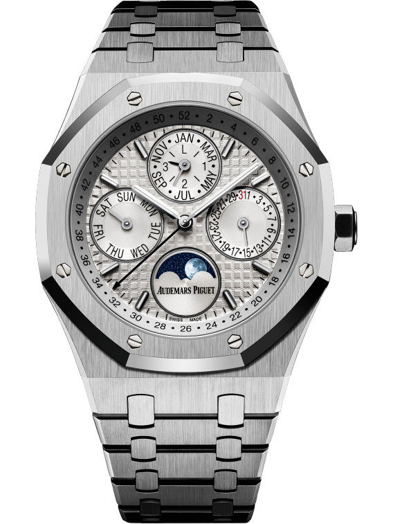 Royal Oak Perpetual Calendar 41MM Stainless Steel Bracelet Silver-Toned Dial With Grande Tapisserie Pattern Stainless Steel Case