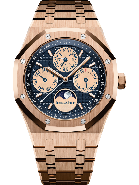 Royal Oak Perpetual Calendar 41MM 18-Carat Pink Gold Bracelet Blue Dial With Grande Tapisserie Pattern 18-Carat Pink Gold Case