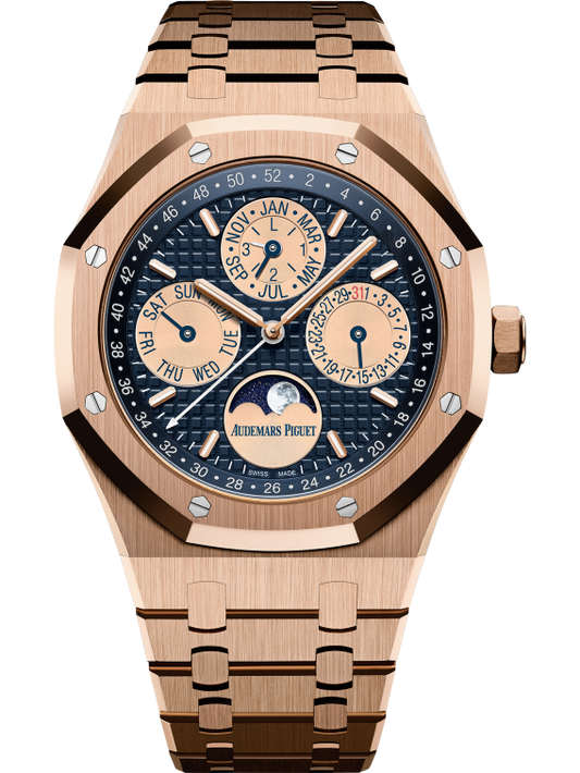 Royal Oak Perpetual Calendar 41MM 18-Carat Pink Gold Bracelet Blue Dial With Grande Tapisserie Pattern 18-Carat Pink Gold Case