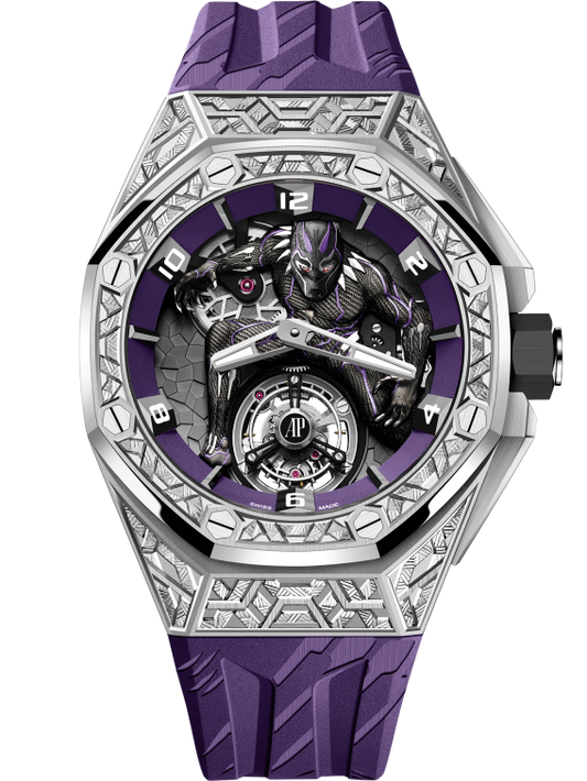 Royal Oak Concept 42MM Black Panther Flying Tourbillon Purple Rubber Strap White Gold 3D Black Panther Character Dial 18-Carat White Gold Case and Bezel