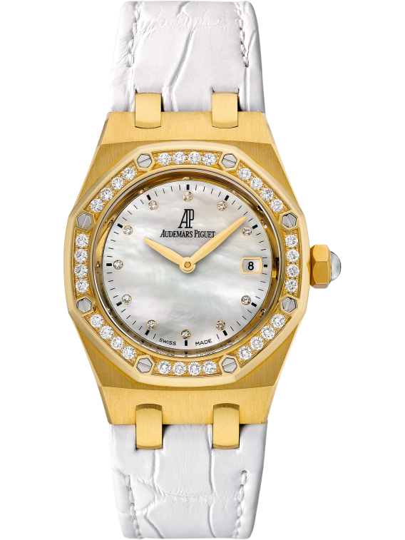 Royal Oak Quartz 33MM White Alligator Strap White Mother-Of-Pearl Dial 18-Carat Yellow Gold Case Bezel Set With Brilliant-Cut Diamonds