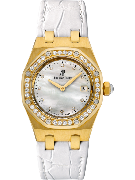 Royal Oak Quartz 33MM White Alligator Strap White Mother-Of-Pearl Dial 18-Carat Yellow Gold Case Bezel Set With Brilliant-Cut Diamonds