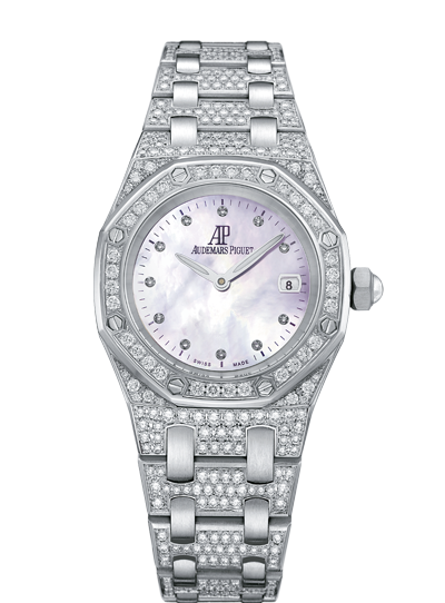 Royal Oak Quartz 33MM 18-Carat White Gold Bracelet Set With Brilliant-Cut Diamonds White Mother-Of-Pearl Dial 18-Carat White Gold Case Bezel Set With Brilliant-Cut Diamonds