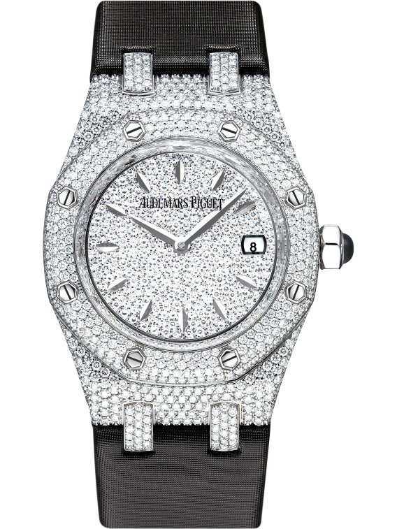 Royal Oak Quartz 33MM Technological Silk Strap White Mother-Of-Pearl Dial 18-Carat White Gold Case Bezel Set With Brilliant-Cut Diamonds