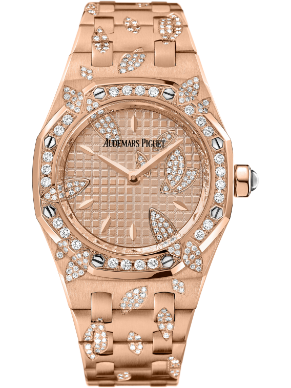 Royal Oak Leaves 33MM 18-Carat Pink Gold Bracelet 18-Carat Pink Gold Dial With Grande Tapisserie Pattern 18-Carat Pink Gold Case Set With a Leaves Decor