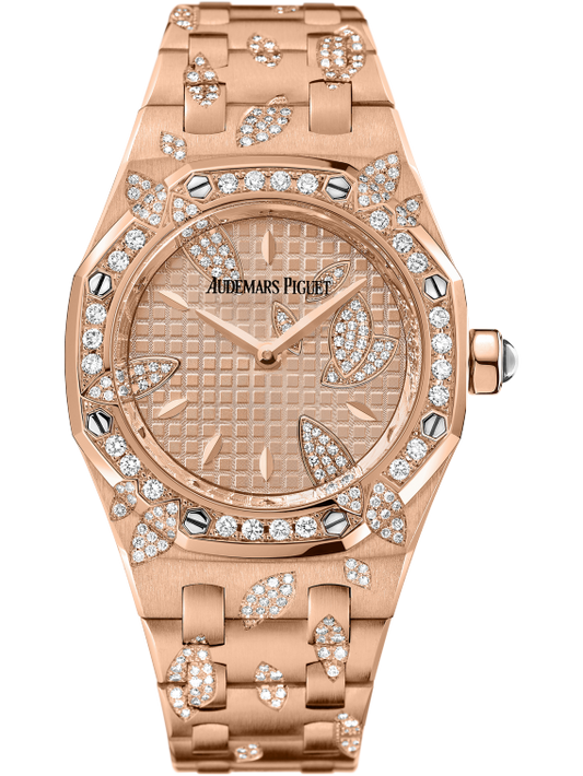 Royal Oak Leaves 33MM 18-Carat Pink Gold Bracelet 18-Carat Pink Gold Dial With Grande Tapisserie Pattern 18-Carat Pink Gold Case Set With a Leaves Decor