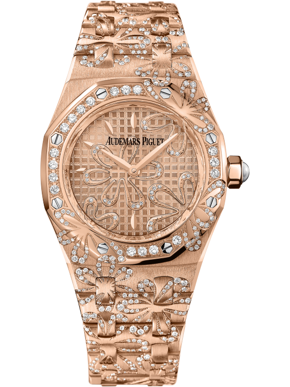 Royal Oak Floral 33MM 18-Carat Pink Gold Bracelet 18-Carat Pink Gold Dial With Grande Tapisserie Pattern 18-Carat Pink Gold Case Set With a Floral Decor