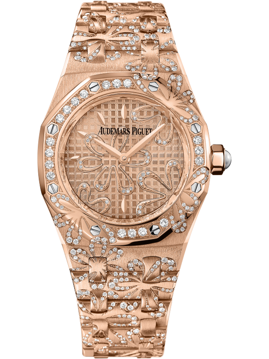 Royal Oak Floral 33MM 18-Carat Pink Gold Bracelet 18-Carat Pink Gold Dial With Grande Tapisserie Pattern 18-Carat Pink Gold Case Set With a Floral Decor