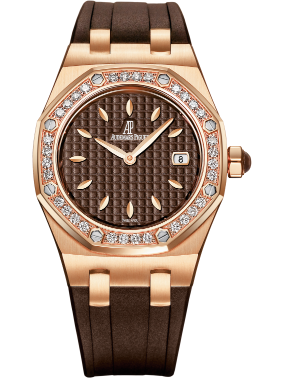 Royal Oak Quartz 33MM Brown Rubber Strap Brown Dial With Grande Tapisserie Pattern 18-Carat Pink Gold Case Bezel Set With Brilliant-Cut Diamonds