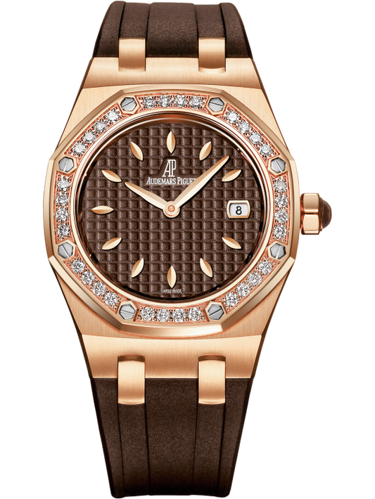 Royal Oak Quartz 33MM Brown Rubber Strap Brown Dial With Grande Tapisserie Pattern 18-Carat Pink Gold Case Bezel Set With Brilliant-Cut Diamonds