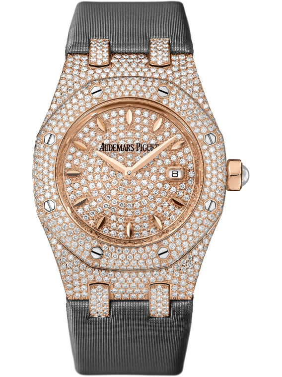 Royal Oak Quartz 33MM Technological Silk Dark Grey Strap Diamond-Paved Dial 18-Carat Pink Gold Case Entirely Set With Diamonds