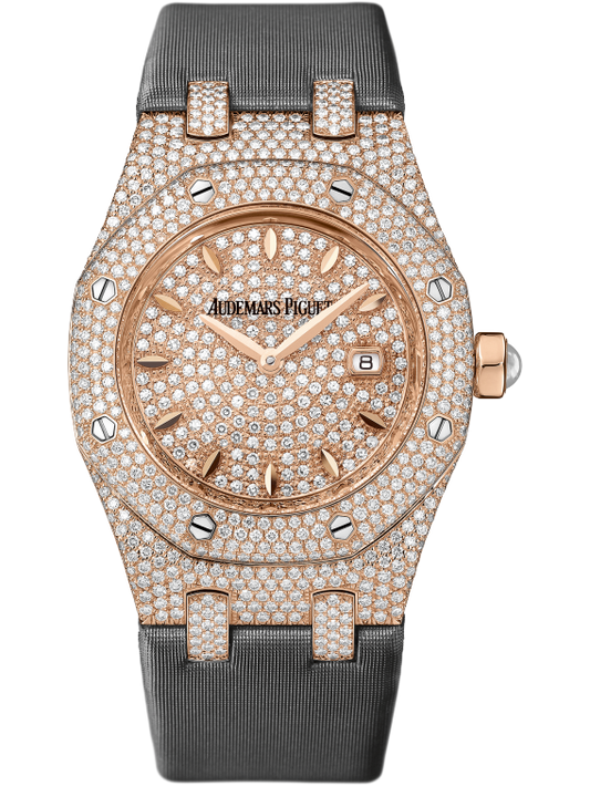 Royal Oak Quartz 33MM Technological Silk Dark Grey Strap Diamond-Paved Dial 18-Carat Pink Gold Case Entirely Set With Diamonds