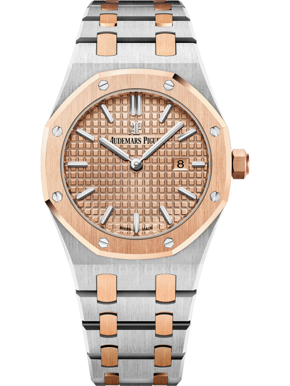 Royal Oak Quartz 33MM Stainless Steel and 18-Carat Pink Gold Bracelet Pink Gold-Toned Dial With Grande Tapisserie Pattern Stainless Steel Case 18-Carat Pink Gold Bezel