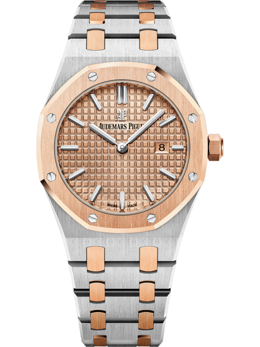 Royal Oak Quartz 33MM Stainless Steel and 18-Carat Pink Gold Bracelet Pink Gold-Toned Dial With Grande Tapisserie Pattern Stainless Steel Case 18-Carat Pink Gold Bezel