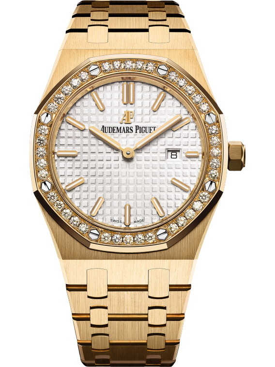 Royal Oak Quartz 33MM 18-Carat Yellow Gold Bracelet Silver-Toned or Blue Dial With Grande Tapisserie Patterns 18-Carat Yellow Gold Case Diamond-Set Bezel