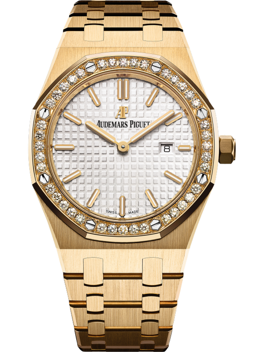 Royal Oak Quartz 33MM 18-Carat Yellow Gold Bracelet Silver-Toned or Blue Dial With Grande Tapisserie Patterns 18-Carat Yellow Gold Case Diamond-Set Bezel