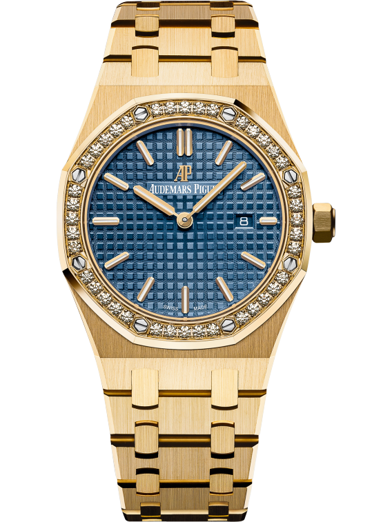 Royal Oak Quartz 33MM 18-Carat Yellow Gold Bracelet Silver-Toned or Blue Dial With Grande Tapisserie Pattern 18-Carat Yellow Gold Case Diamond-Set Bezel