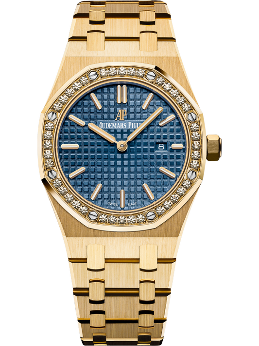 Royal Oak Quartz 33MM 18-Carat Yellow Gold Bracelet Silver-Toned or Blue Dial With Grande Tapisserie Pattern 18-Carat Yellow Gold Case Diamond-Set Bezel