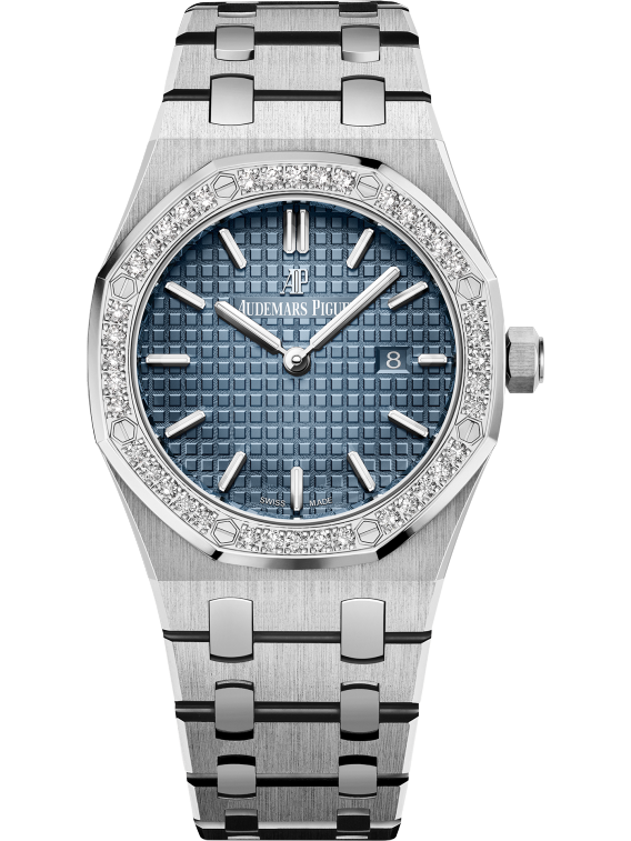 Royal Oak Quartz 33MM Titanium Bracelet Smoked Blue Dial With Grande Tapisserie Pattern Titanium Case Diamond-Set Polished 950 Platinum Bezel