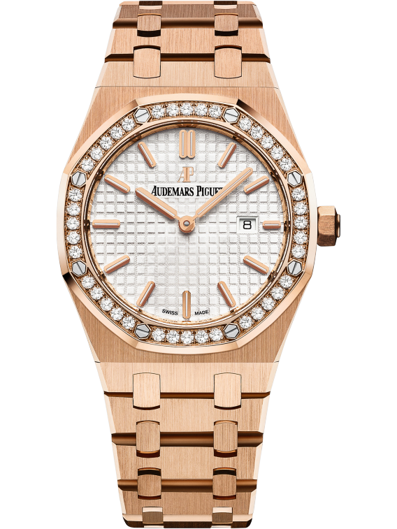 Royal Oak Quartz 33MM 18-Carat Pink Gold Bracelet Silver-Toned Dial With Grande Tapisserie Pattern 18-Carat Pink Gold Case Diamond-Set Bezel