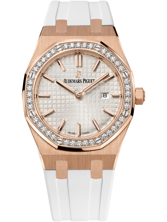 Royal Oak Quartz 33MM White Rubber Strap Silver-Toned Dial With Grande Tapisserie Pattern 18-Carat Pink Gold Case Diamond-Set Bezel