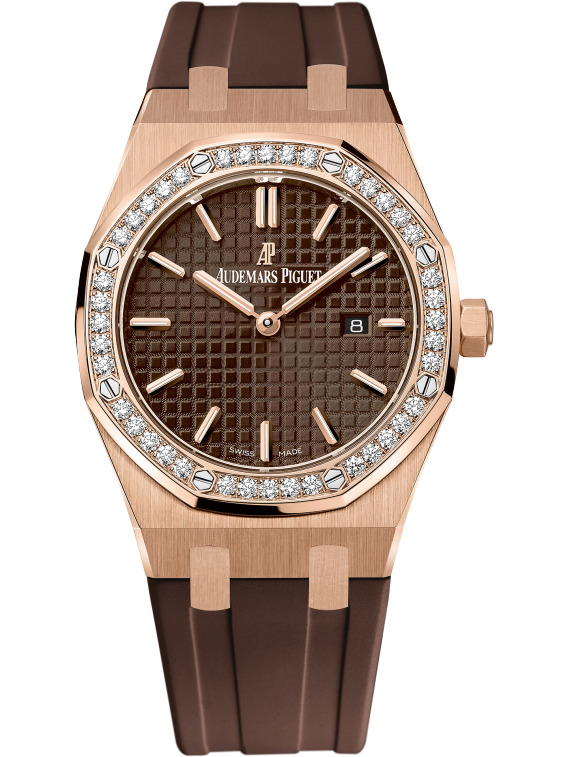 Royal Oak Quartz 33MM Brown Rubber Strap Brown Dial With Grande Tapisserie Pattern 18-Carat Pink Gold Case Diamond-Set Bezel