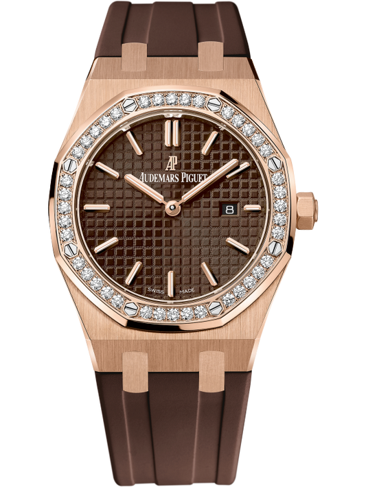 Royal Oak Quartz 33MM Brown Rubber Strap Brown Dial With Grande Tapisserie Pattern 18-Carat Pink Gold Case Diamond-Set Bezel