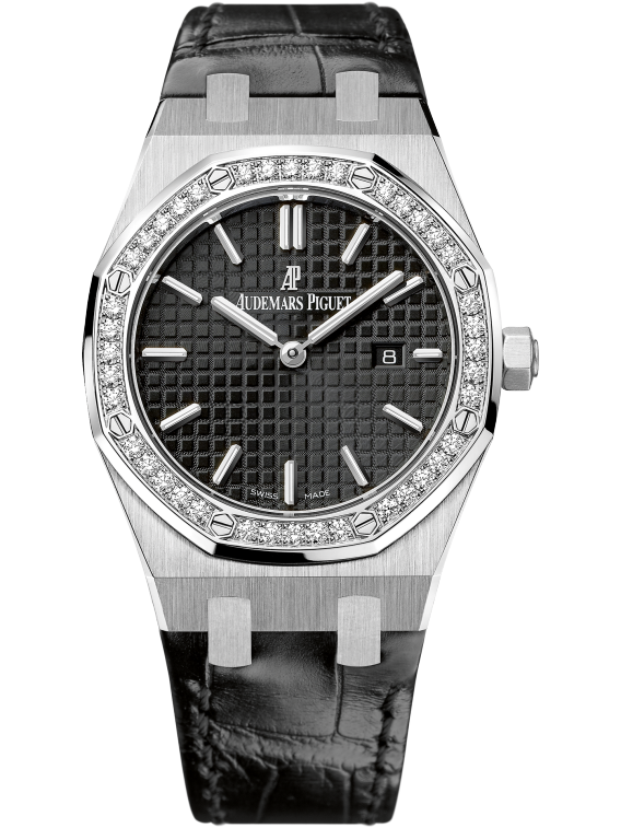 Royal Oak Quartz 33MM Black Alligator Strap Black Dial With Grande Tapisserie Pattern Stainless Steel Case Diamond-Set Bezel