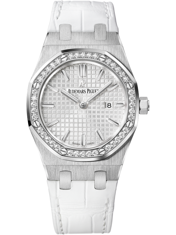 Royal Oak Quartz 33MM White Alligator Strap Silvered Dial With Grande Tapisserie Pattern Stainless Steel Case Diamond-Set Bezel