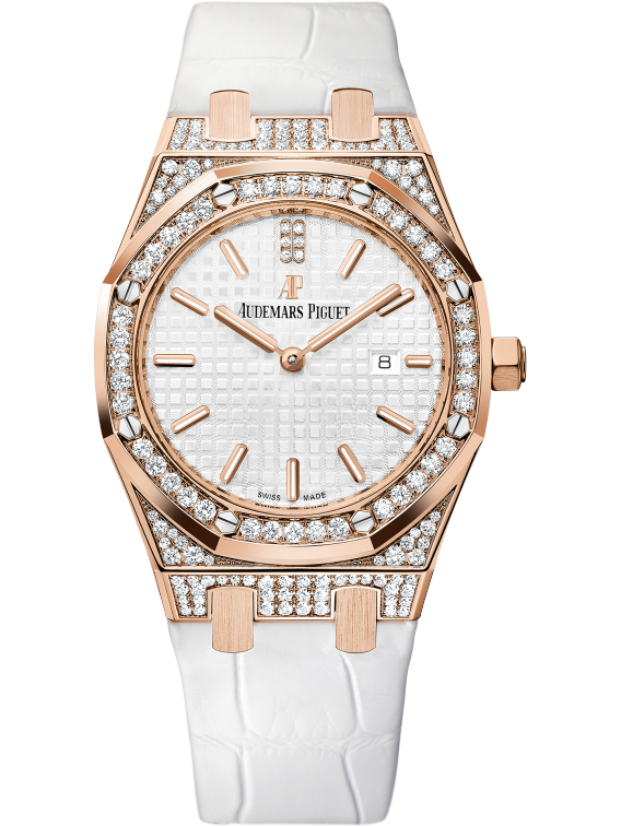 Royal Oak Quartz 33MM White Alligator Strap Silver-Toned Opaline Dial With Grande Tapisserie Pattern 18-Carat Pink Gold Case Set With Diamonds Diamond-Set Bezel