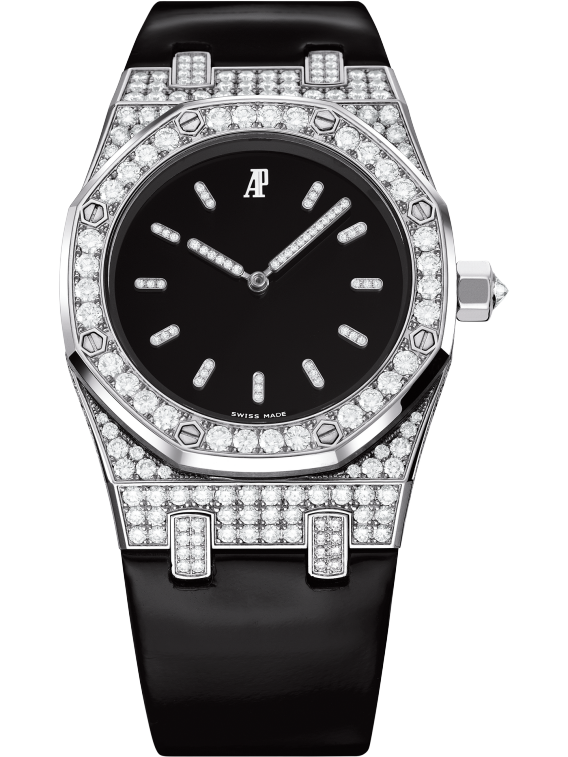 Royal Oak Tuxedo 33MM Black Leather Strap Polished Lacquered Black Dial 18-Carat White Gold Case Bezel Set With Brilliant-Cut Diamonds