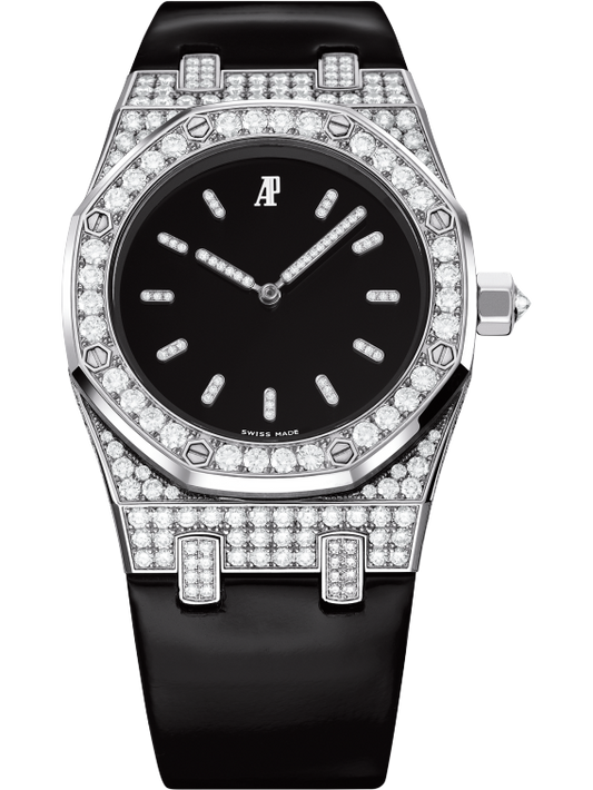 Royal Oak Tuxedo 33MM Black Leather Strap Polished Lacquered Black Dial 18-Carat White Gold Case Bezel Set With Brilliant-Cut Diamonds