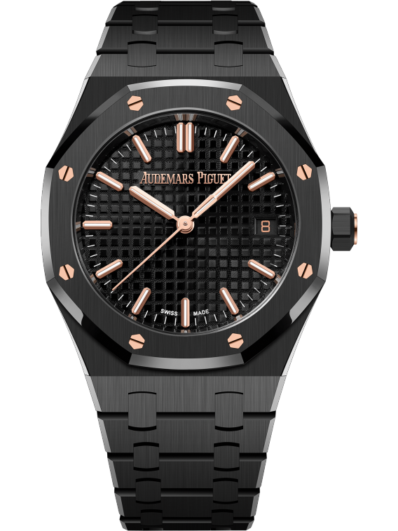 Royal Oak Selfwinding 50th Anniversary 34MM Black Ceramic Bracelet Black Dial With Grande Tapisserie Pattern Black Ceramic Case and 18-Carat Pink Gold Screws