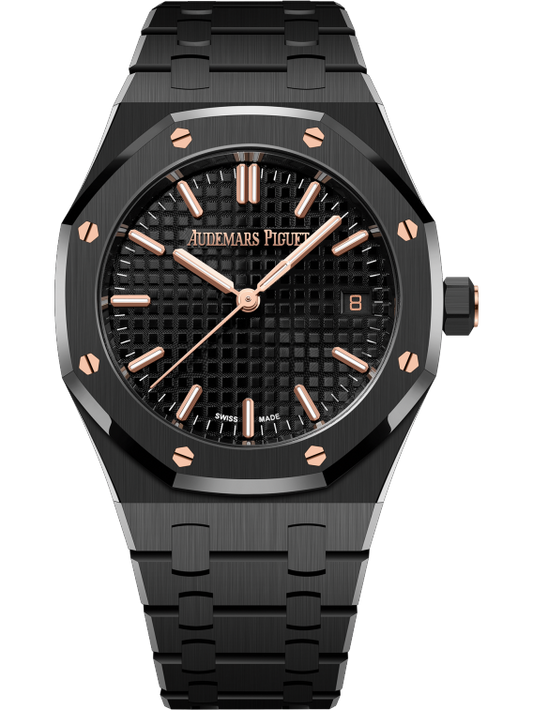 Royal Oak Selfwinding 50th Anniversary 34MM Black Ceramic Bracelet Black Dial With Grande Tapisserie Pattern Black Ceramic Case and 18-Carat Pink Gold Screws