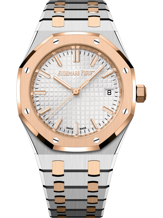 Royal Oak Selfwinding 50th Anniversary 34MM Stainless Steel Bracelet With 18-Carat Pink Gold Links Silver-Toned Dial With Grande Tapisserie Pattern Stainless Steel Case and 18-Carat Pink Gold Bezel