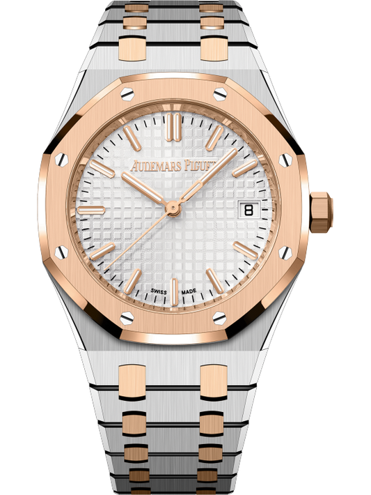 Royal Oak Selfwinding 50th Anniversary 34MM Stainless Steel Bracelet With 18-Carat Pink Gold Links Silver-Toned Dial With Grande Tapisserie Pattern Stainless Steel Case and 18-Carat Pink Gold Bezel