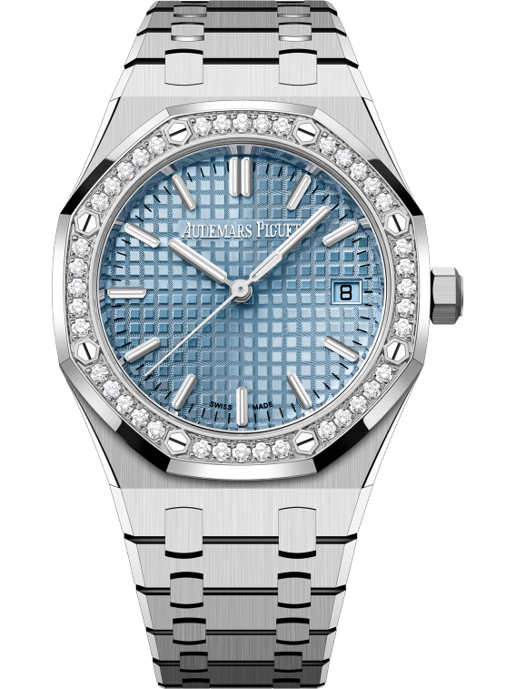 Royal Oak Selfwinding 50th Anniversary 34MM Stainless Steel Bracelet Light Blue Dial With Grande Tapisserie Pattern Stainless Steel Case Bezel Set With Brilliant-Cut Diamonds